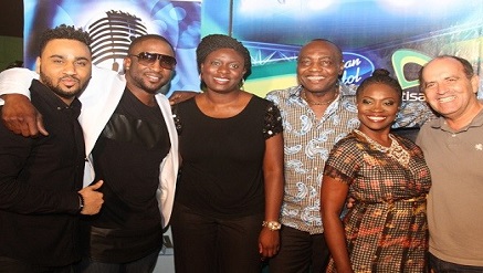 (L-r): Illsrhymz, Nigerian Idol Presenter, Dare ‘Art’ Alade, Celebrity Judge, Orah Egwu, Sponsorships Manager, Etisalat, Dede Mabiaku, Celebrity Judges and Yinka Davies and Executive Producer, Nigerian Idol, Gary Ashley during the Lagos auditions at OMG’s Dream Studios, Omole, Lagos.